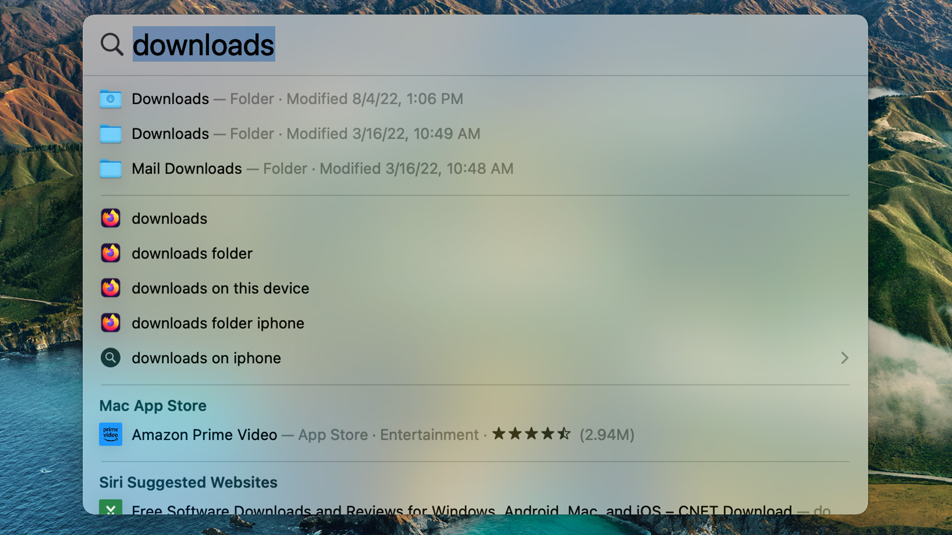 Spotlight Search Downloads folder