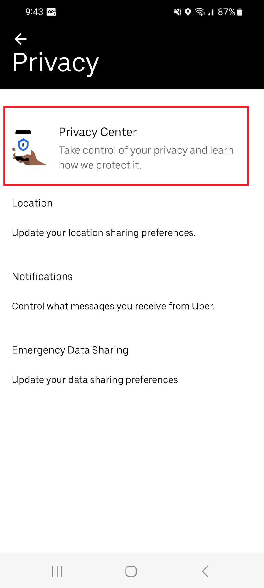 Uber app privacy center