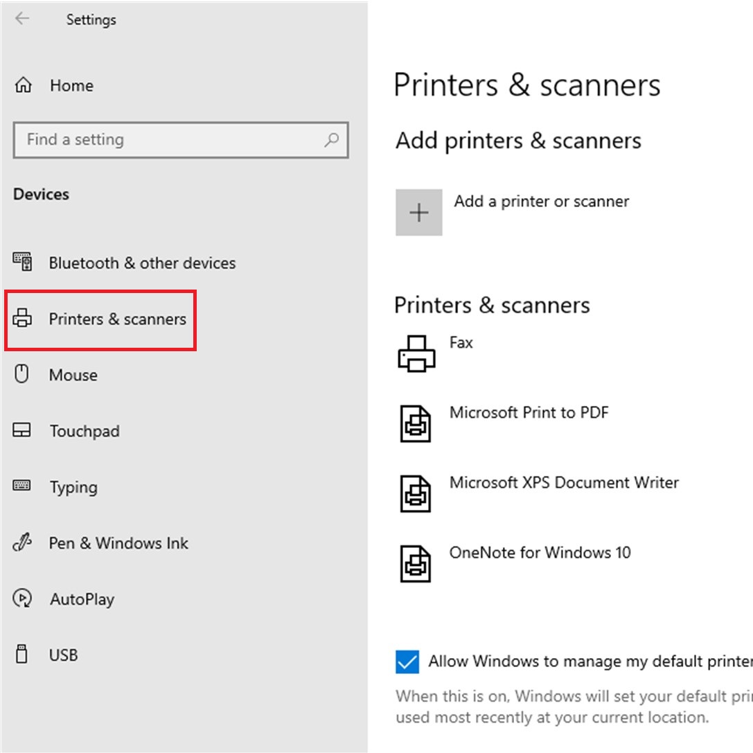 Windows Control Panel Printers and Scanners