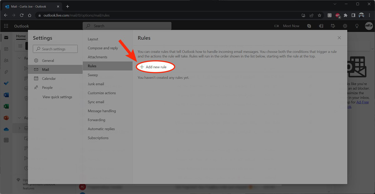 add new rule outlook website