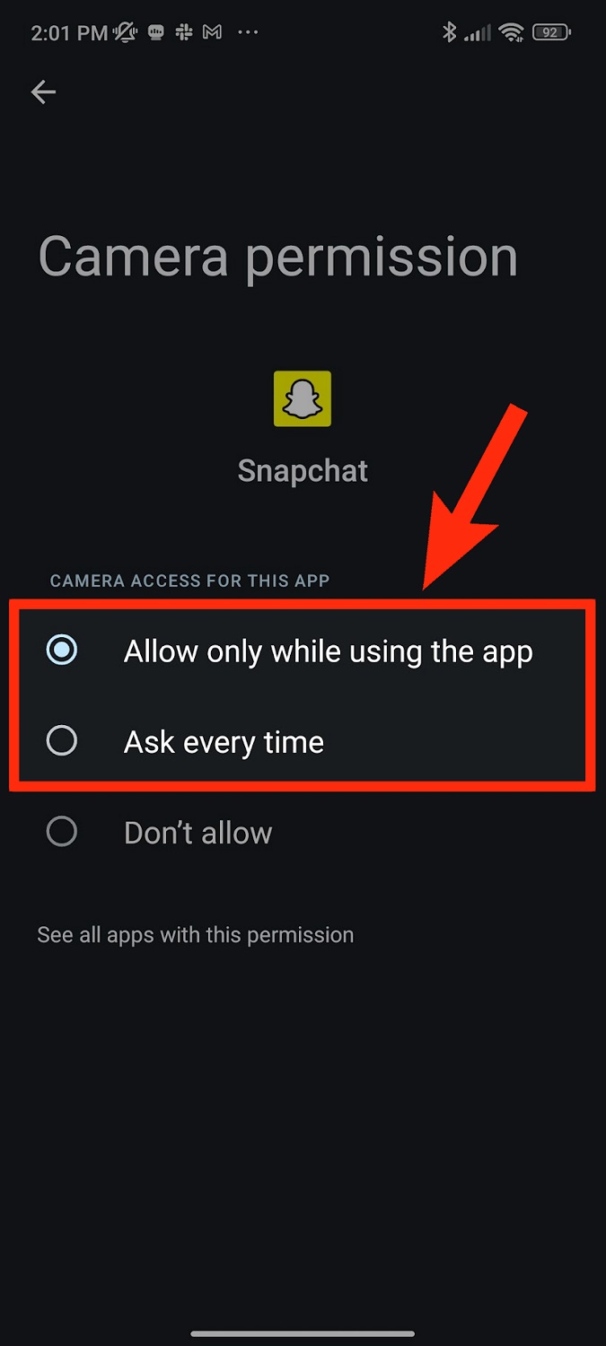 allow camera permission snapchat