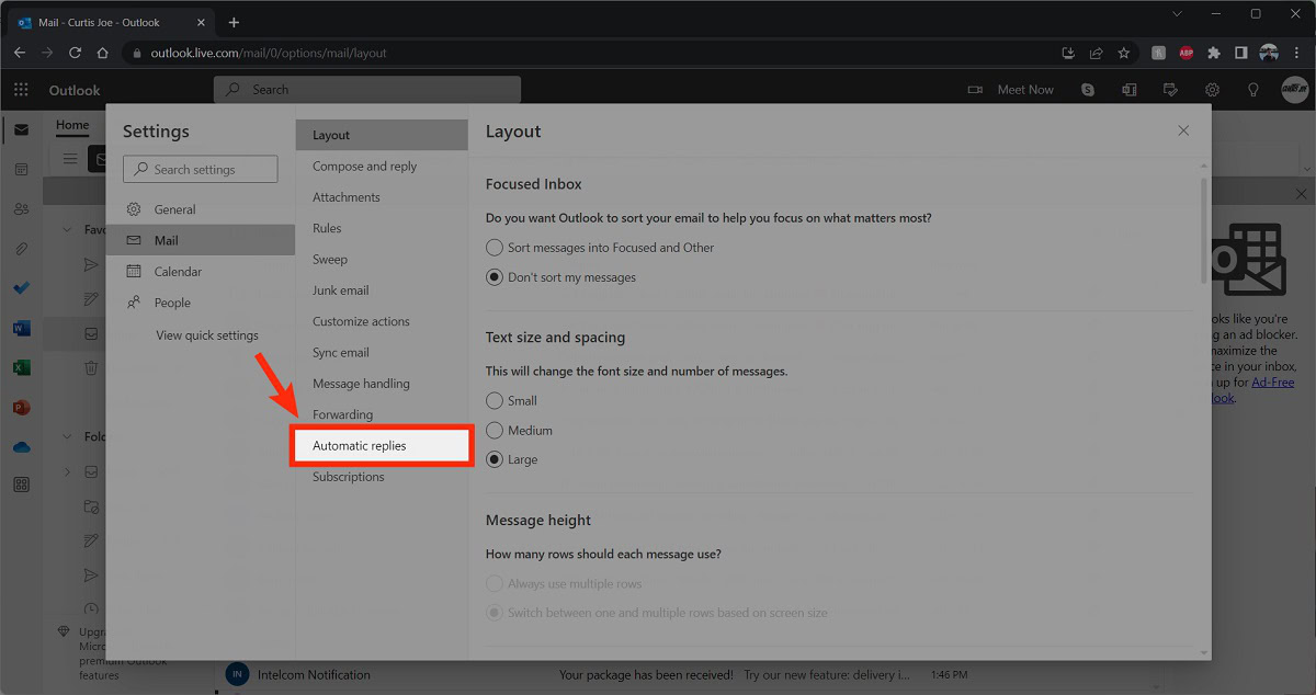 automatic replies outlook website