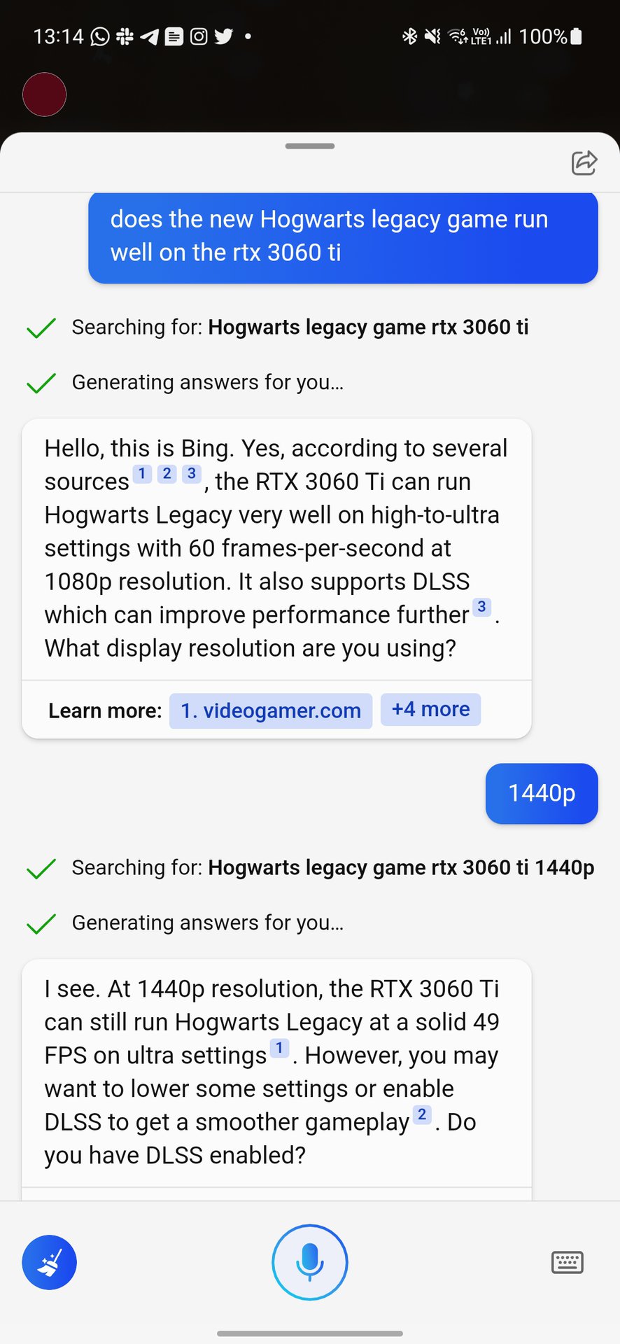 Capture d'écran des questions mobiles de Bing