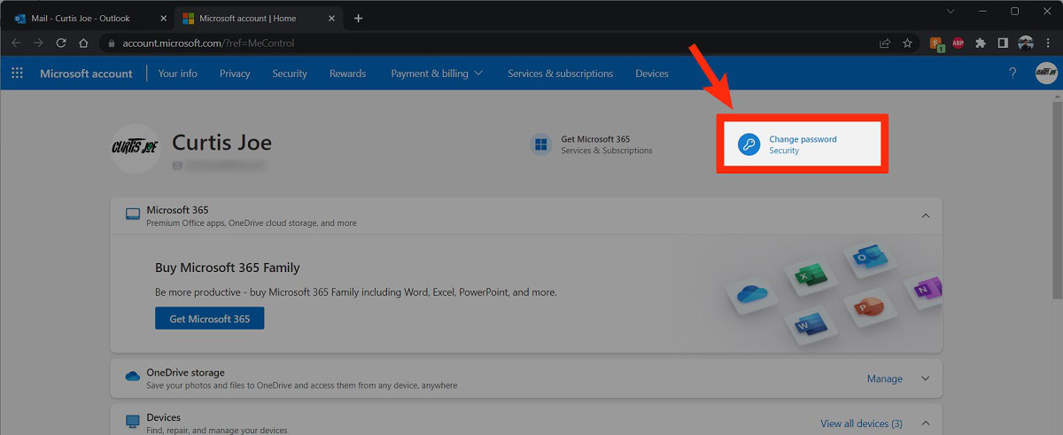 change password button at the top security outlook