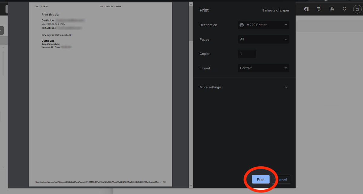 click print after choosing printer outlook