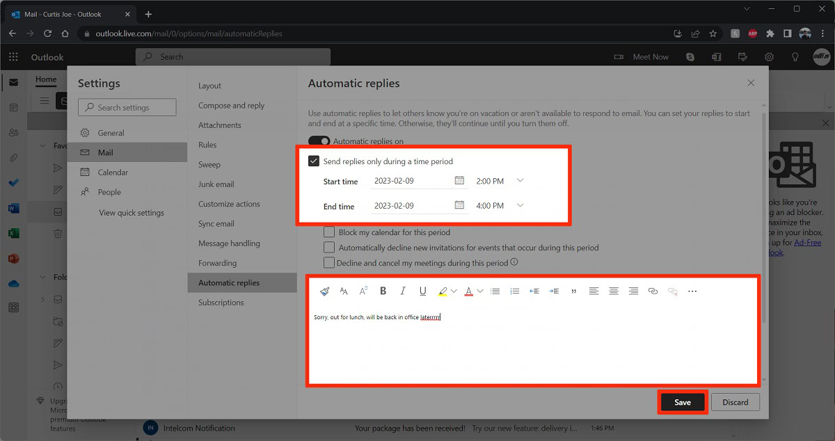 customize and save out of office response outlook website