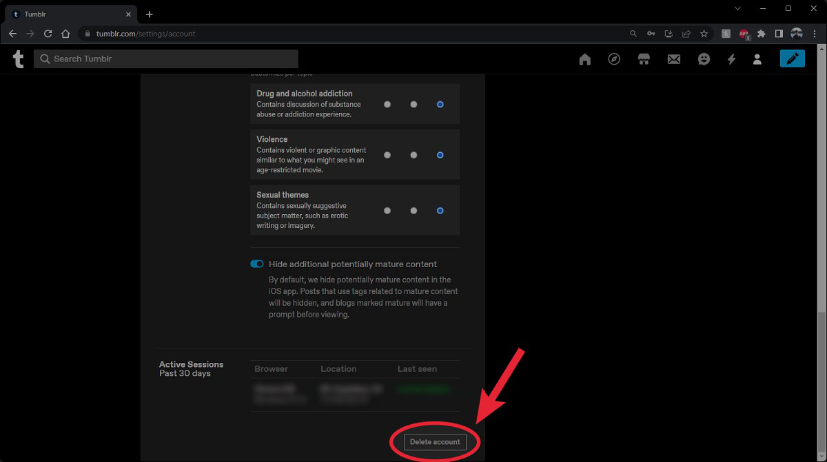 delete account in tumblr settings