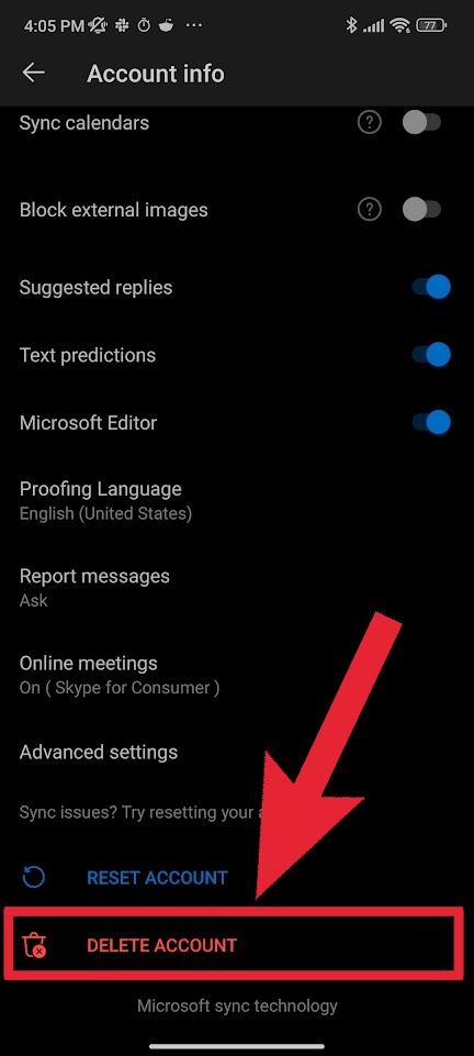 delete account outlook android