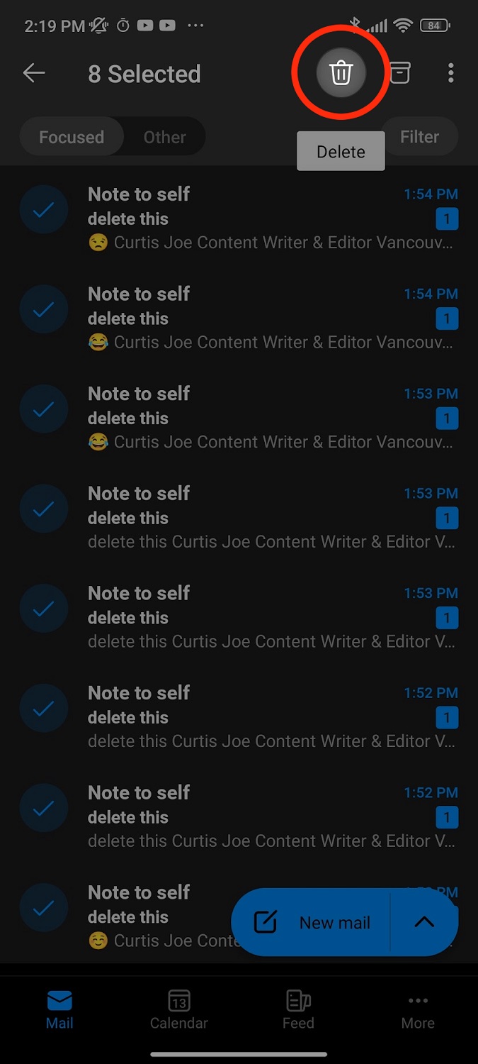 delete button at the top outlook mobile app