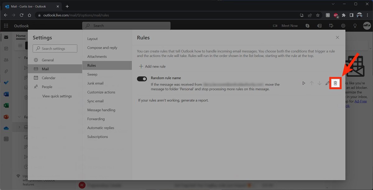 delete that rule outlook website