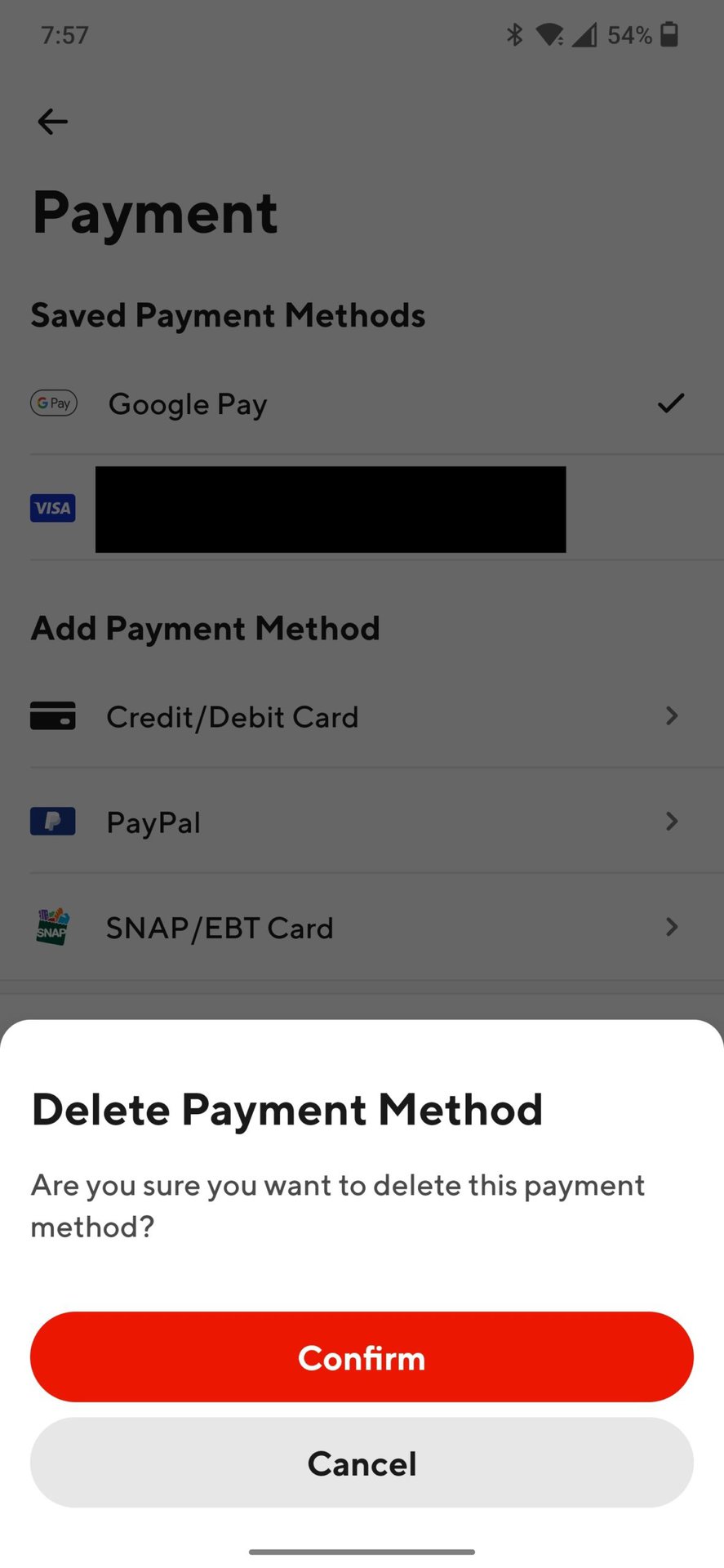 doordash add payment method remove a saved card