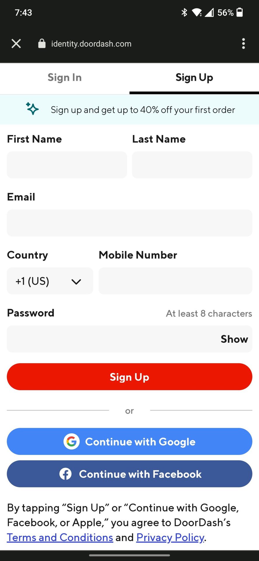 doordash create an account signup page 2