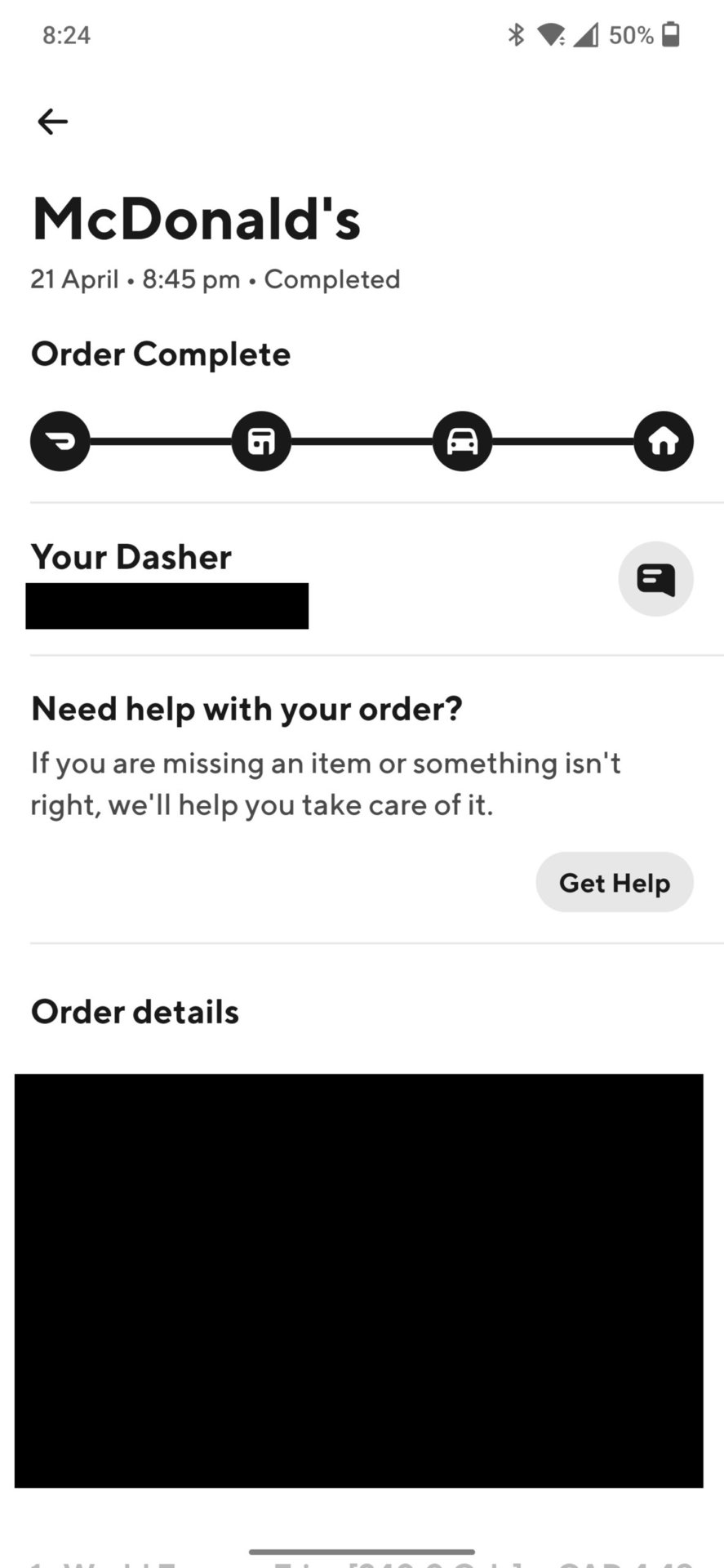 doordash get help with completed order