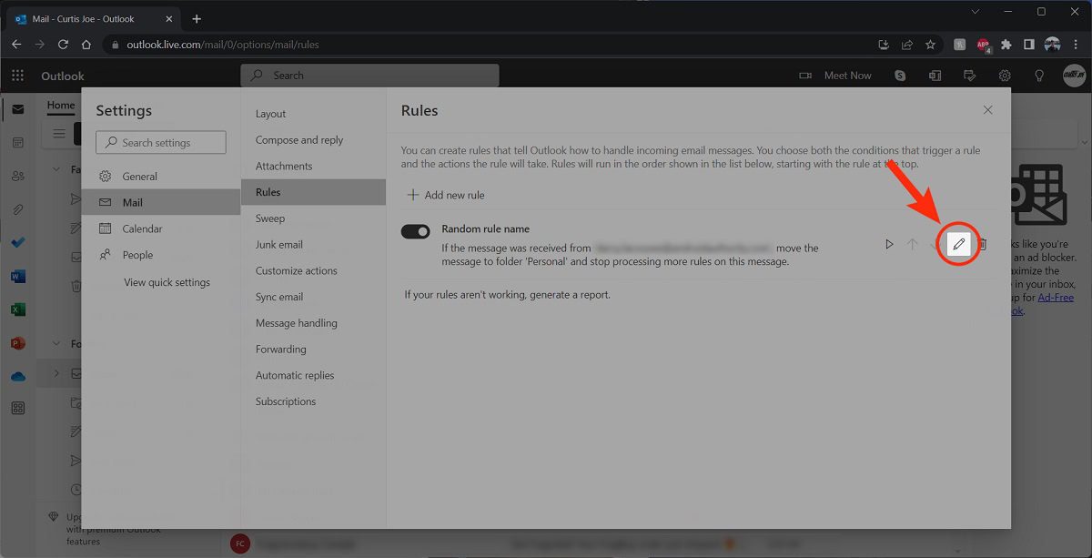 edit that rule outlook website