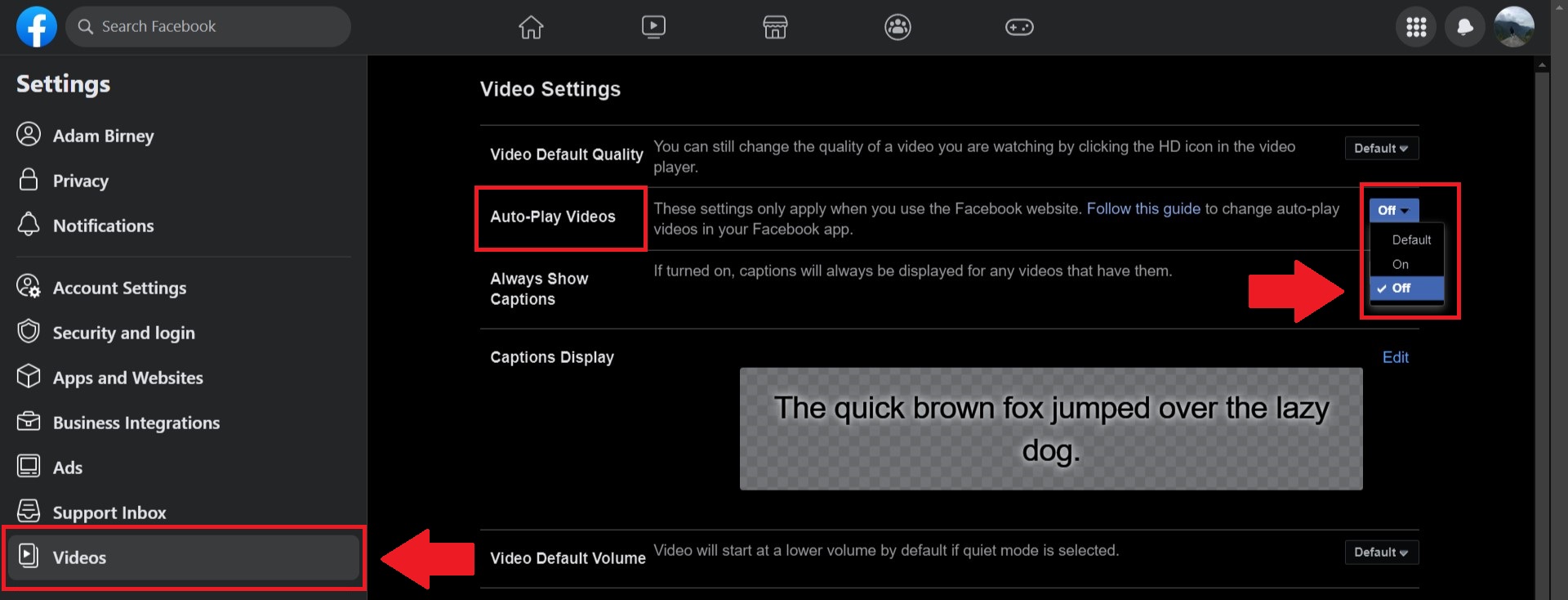 facebook disable autoplay videos settings desktop