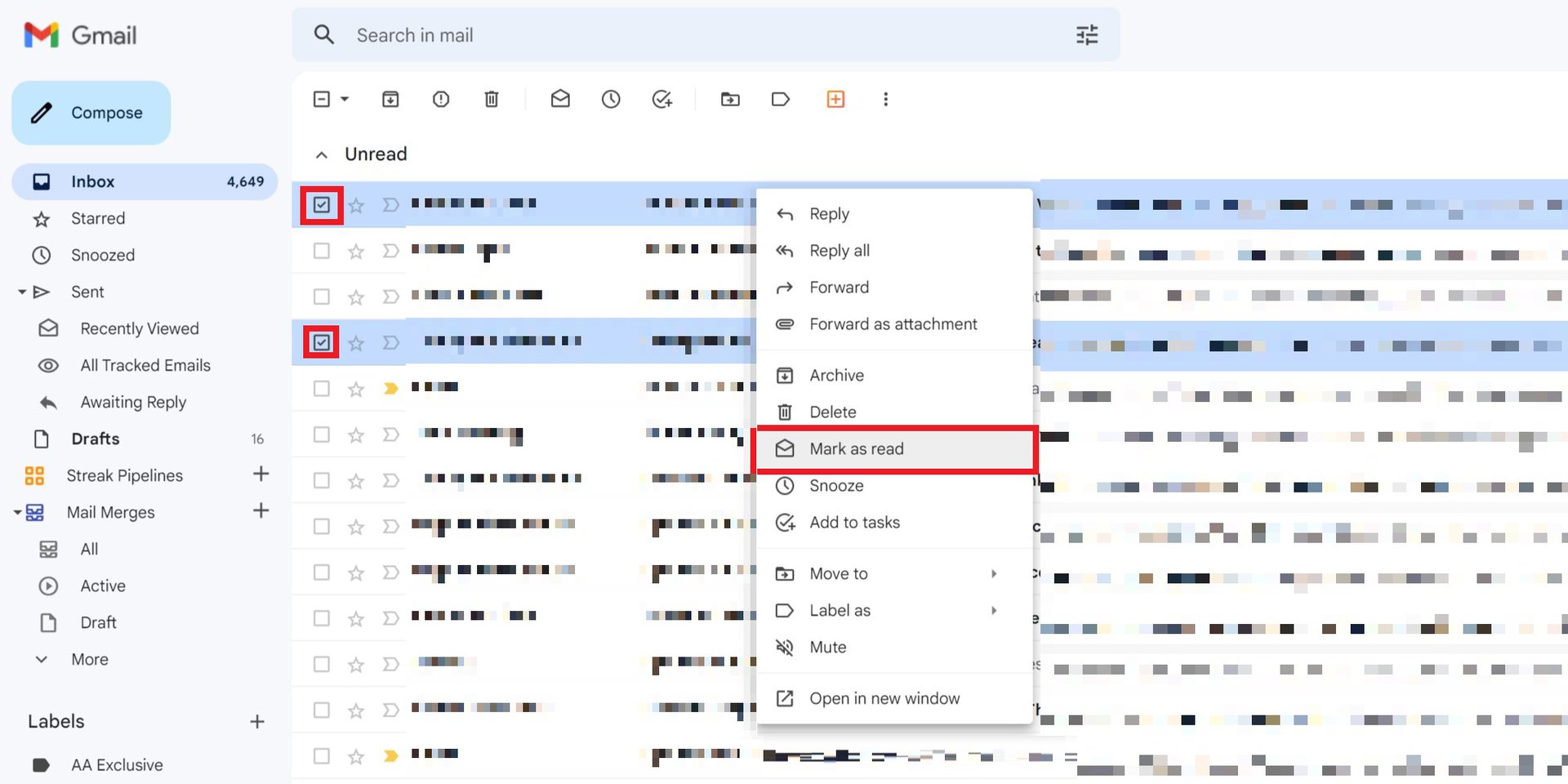 gmail browser single select mark as read