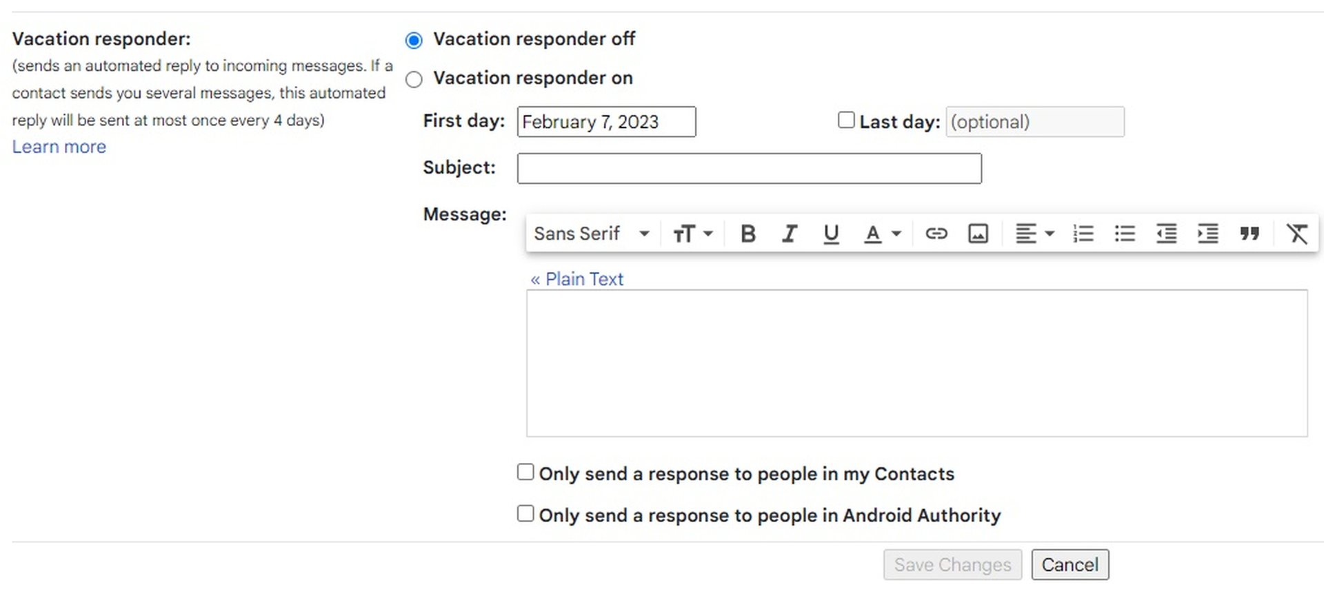 gmail settings cog out of office 2