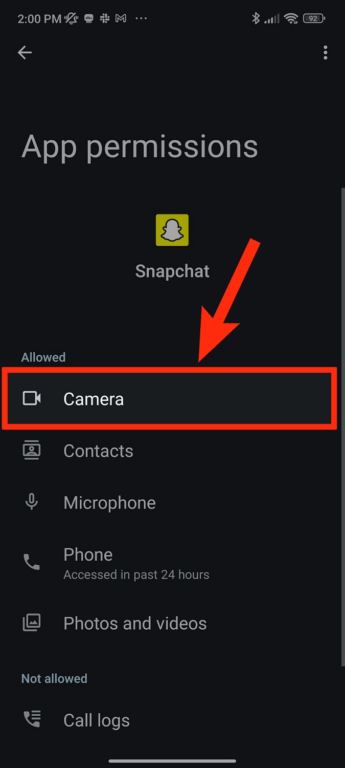 go to camera snapchat in settings