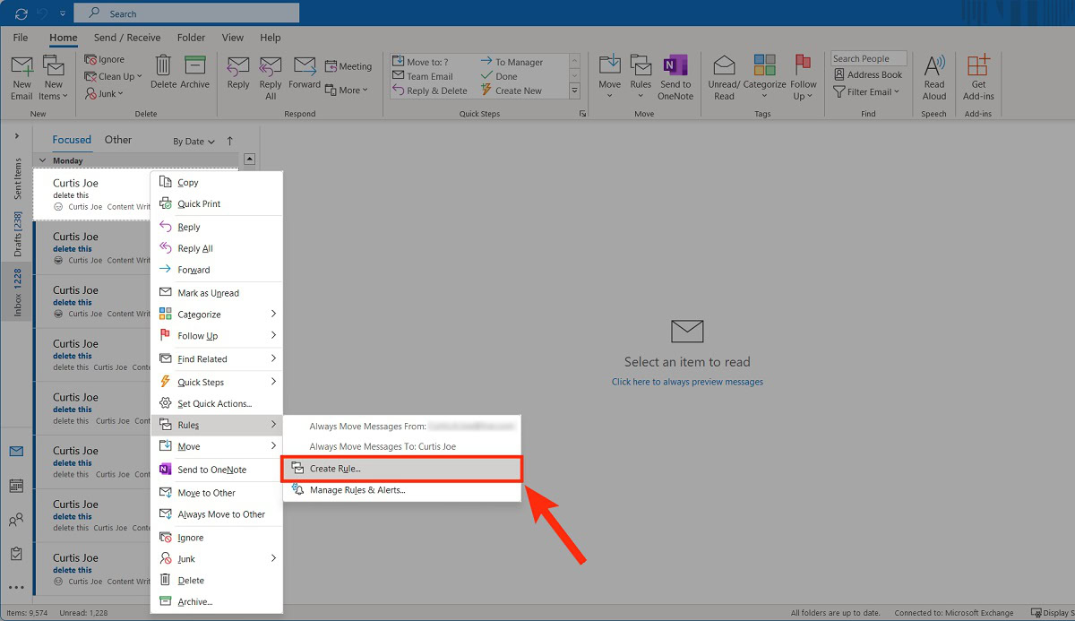 go to create rule from your inbox in outlook desktop app