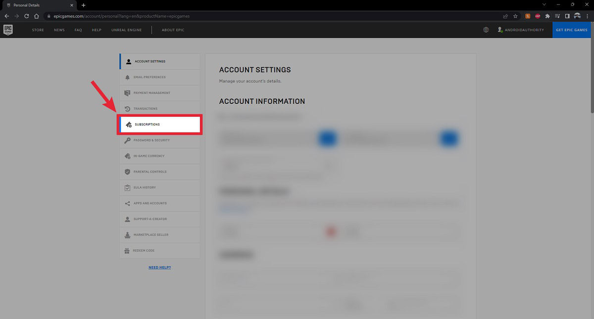 go to subscriptions tab in epic website