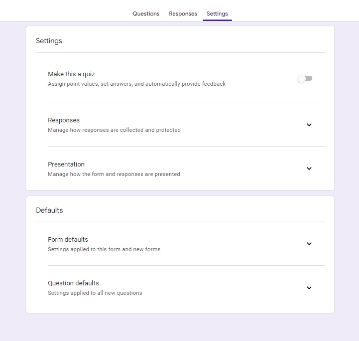 google forms settings