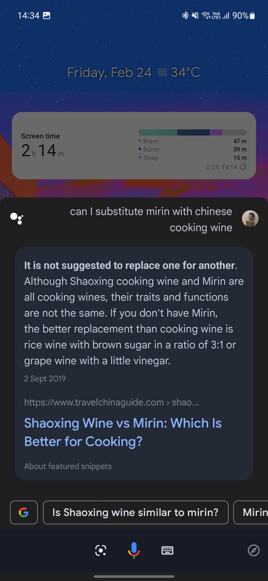 Capture d'écran des conseils de cuisine mobile de Google