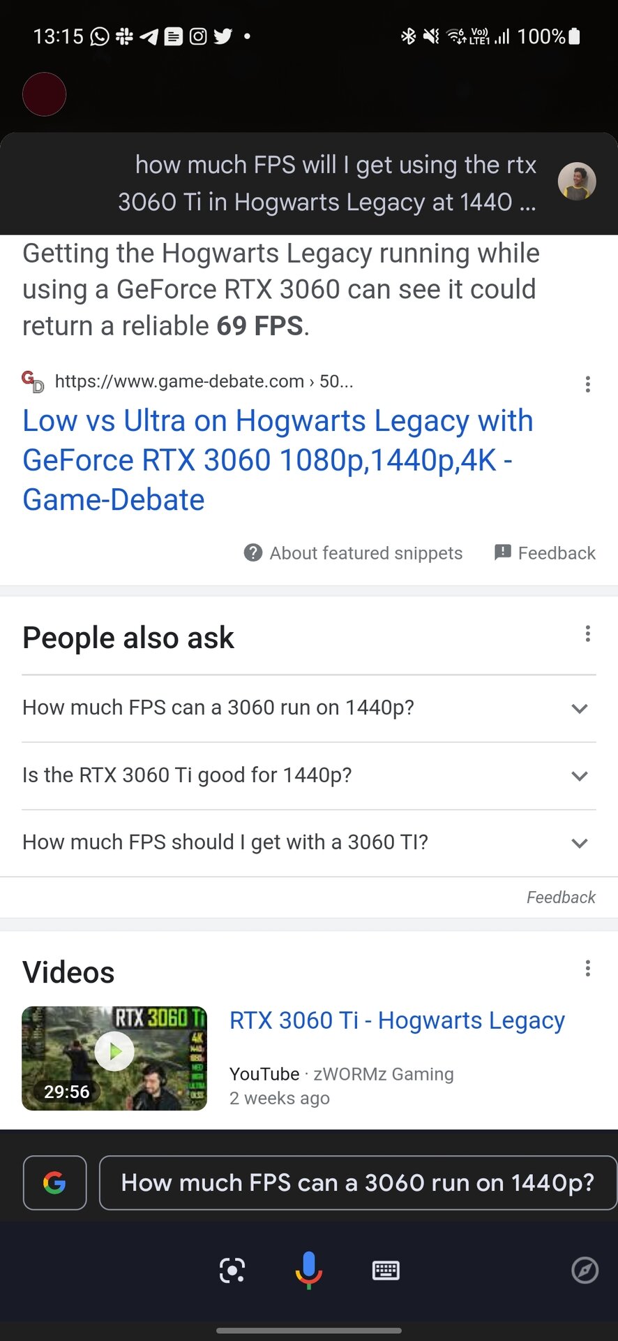 Captura de pantalla de una pregunta de Google Mobile