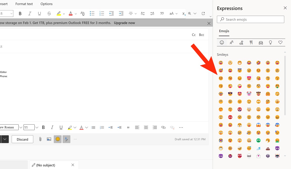in expressions choose an emoji outlook web