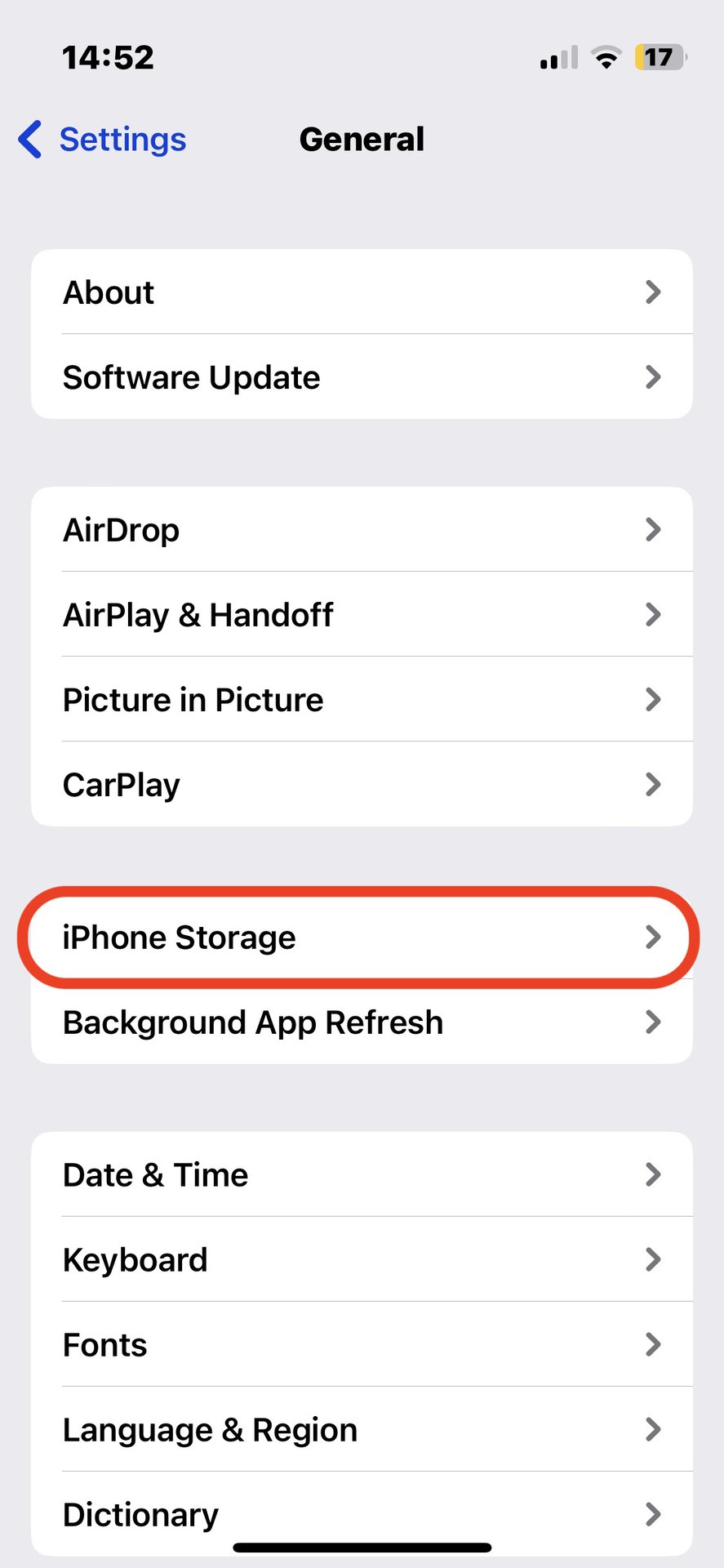 ios settings iphone storage