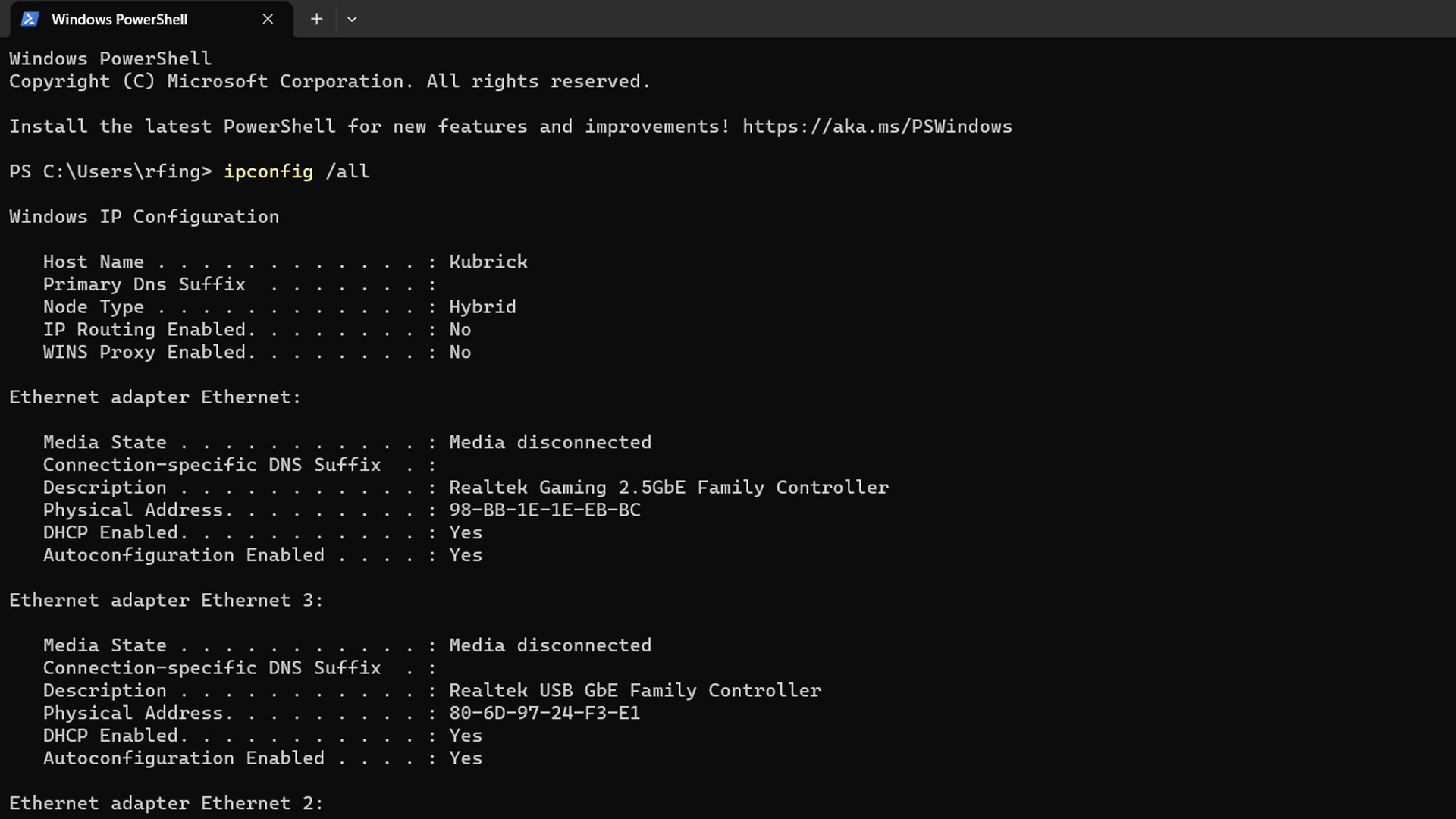 ipconfig in Windows PowerShell