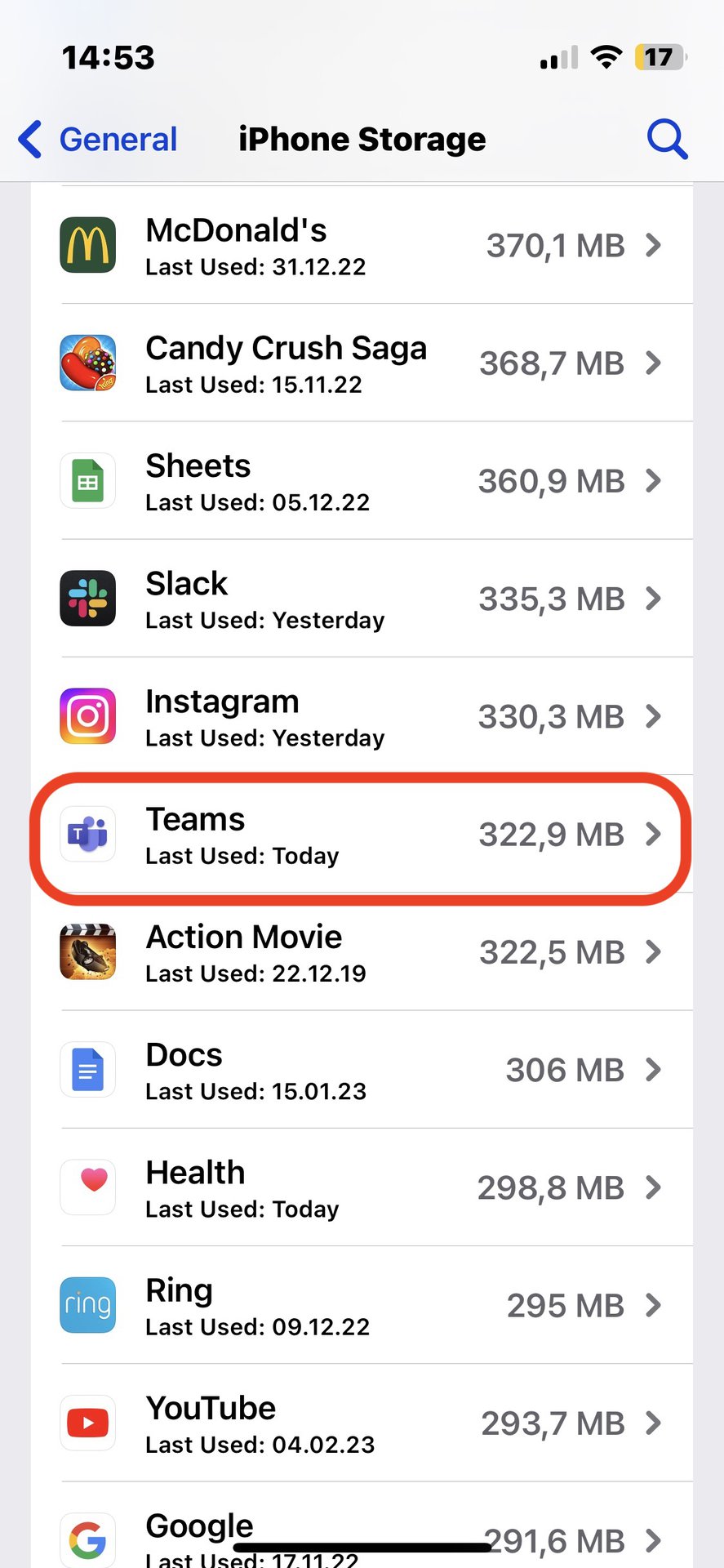 iphone settings storage teams