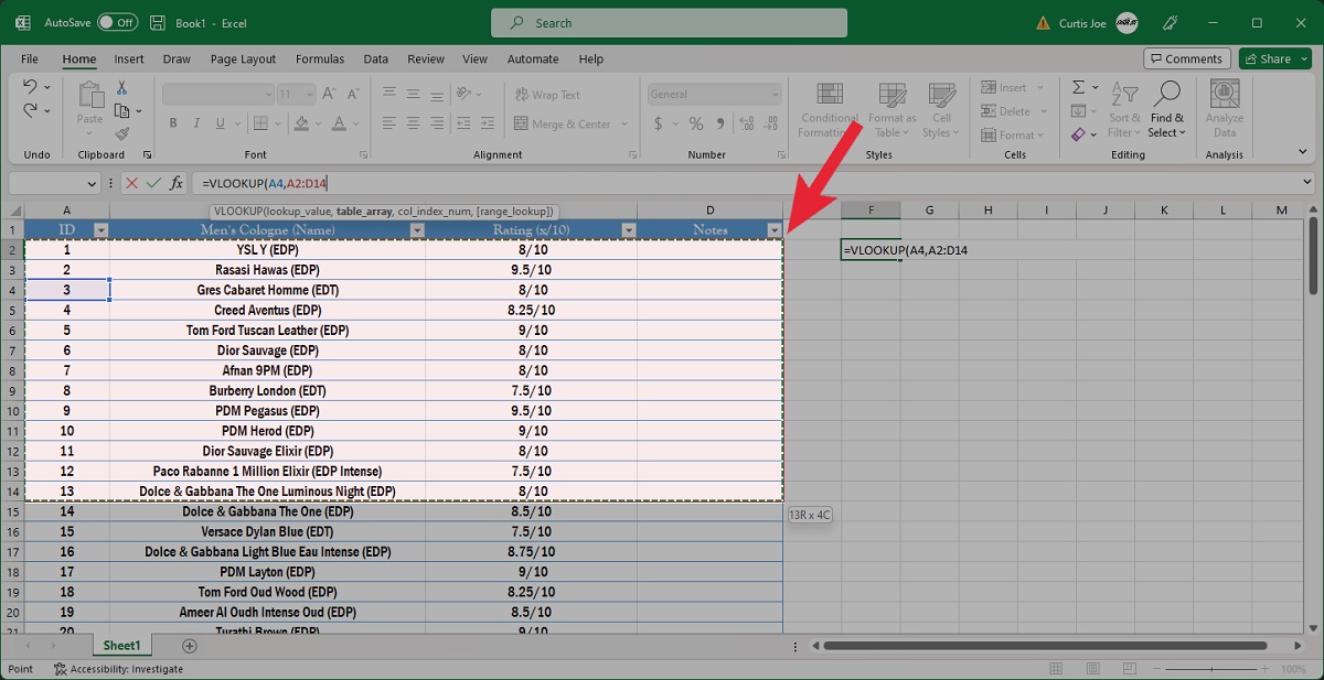 microsoft excel click and drag over area you wish to look for the value in