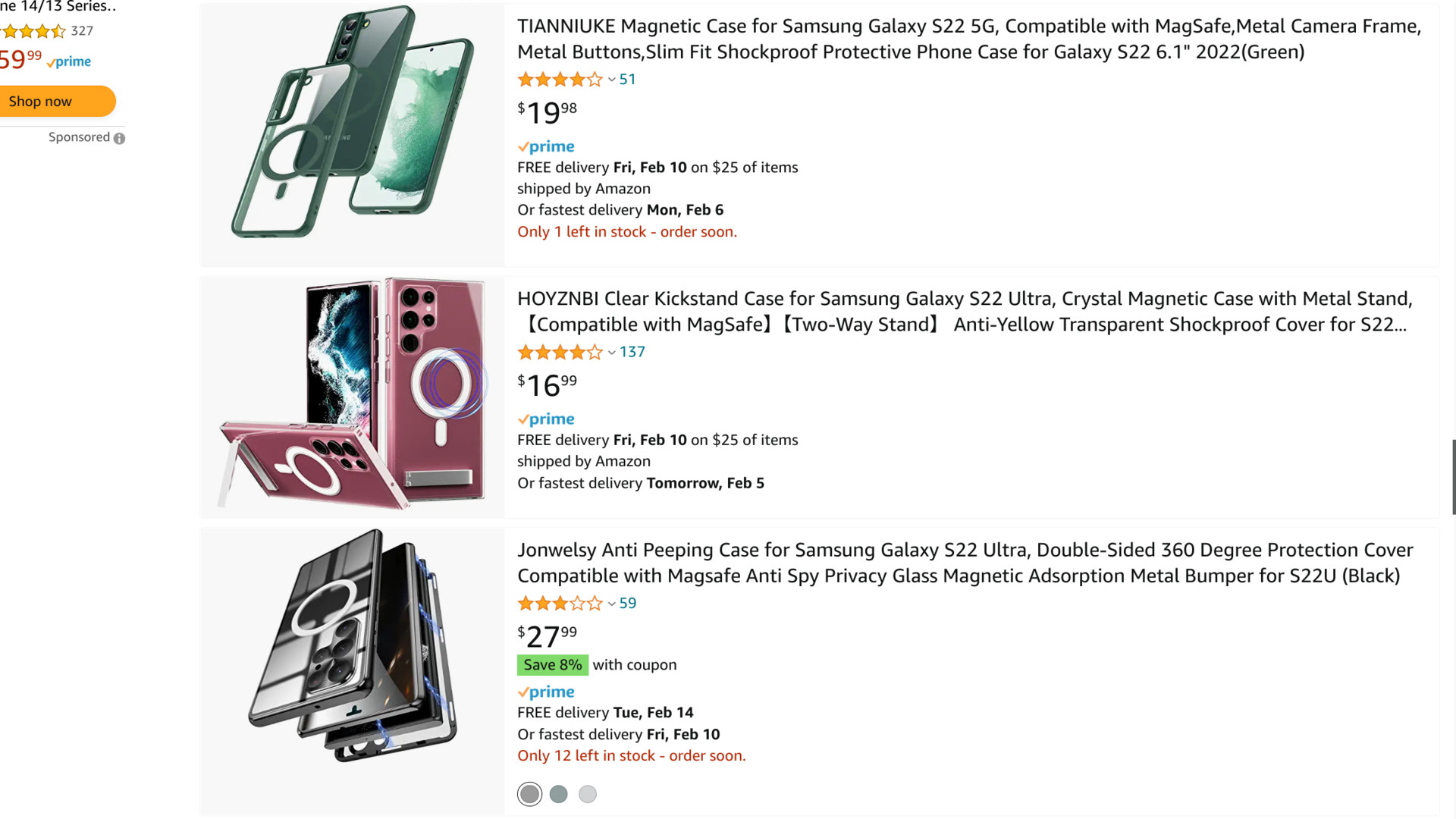 Amazon search for MagSafe Galaxy S22 cases turns up some no-name cases.