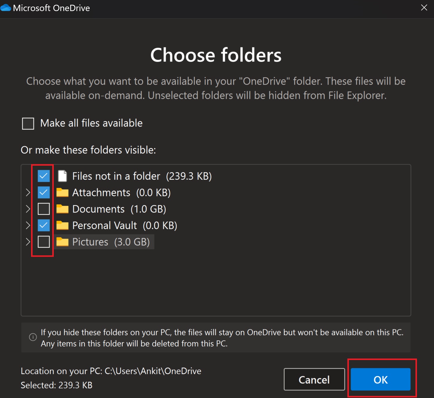 onedrive select specific files and folders
