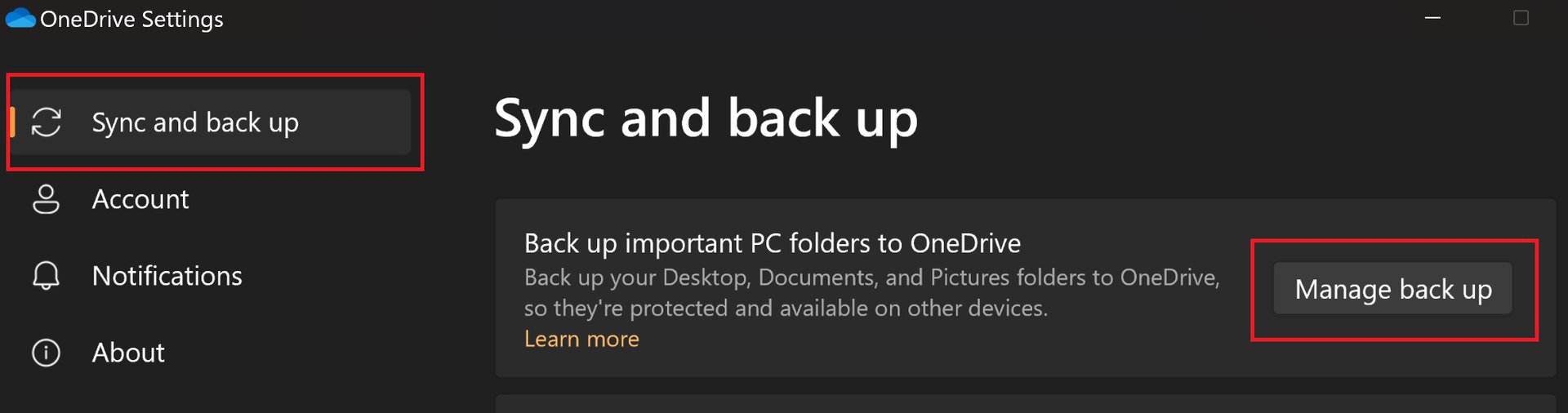 onedrive sync and backup settings