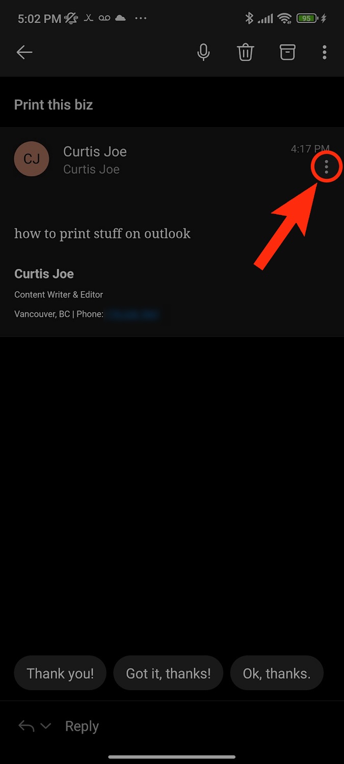 open menu in the email android outlook