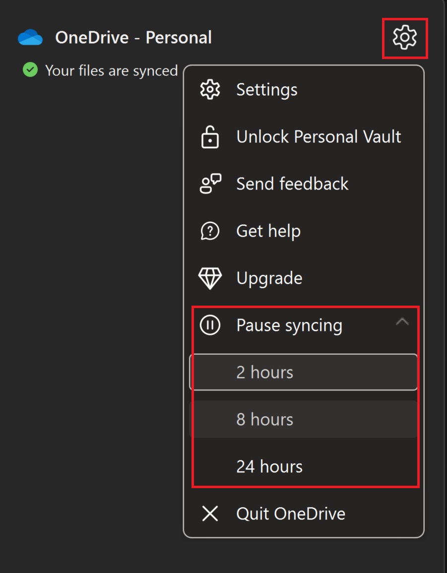 pause syncing on onedrive