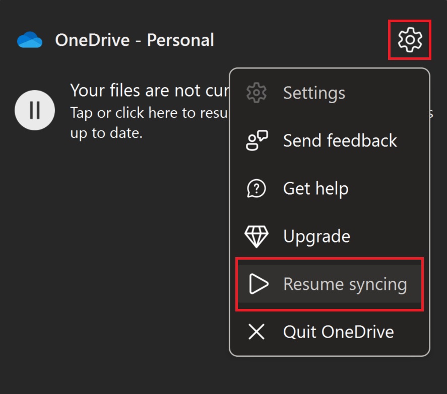 resume syncing on onedrive