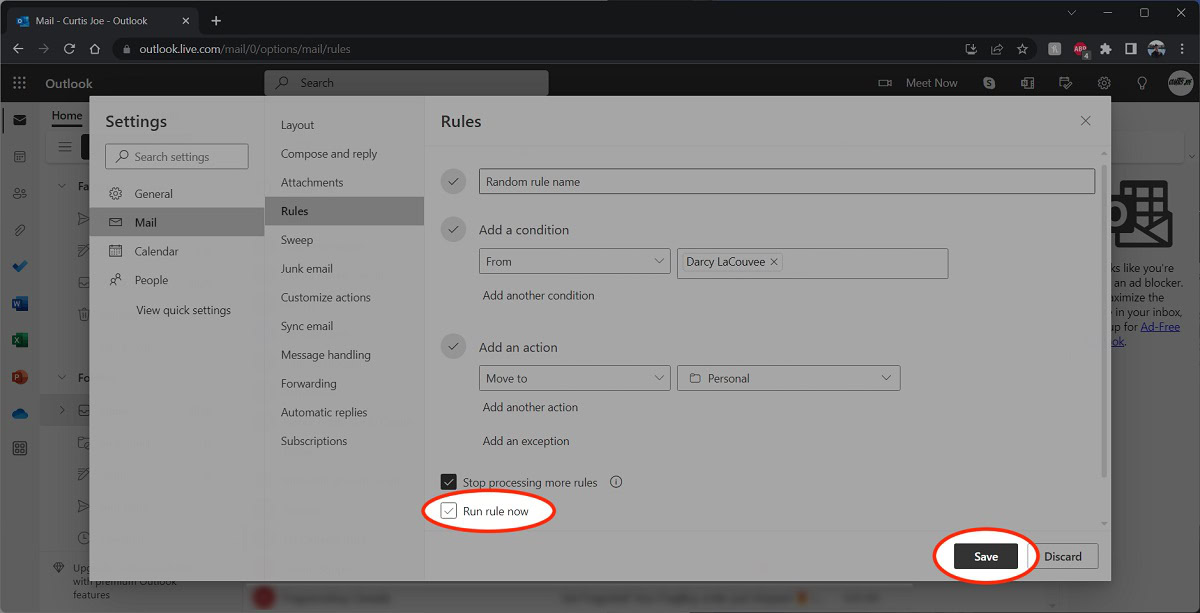 run rule and save outlook website