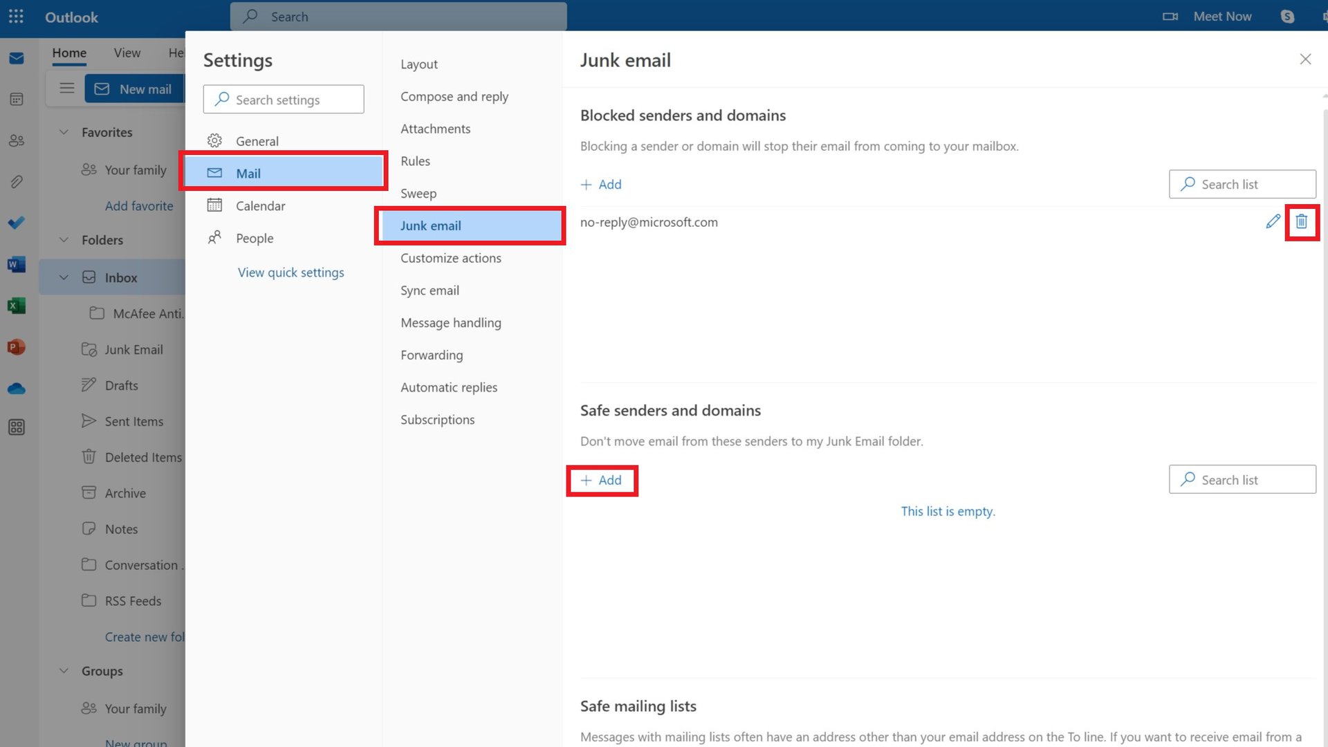 safe senders outlook web