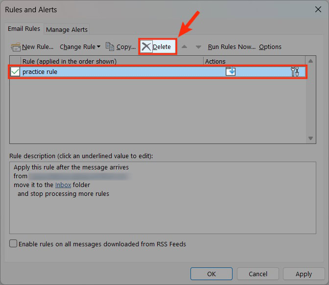 select and delete rule outlook desktop app