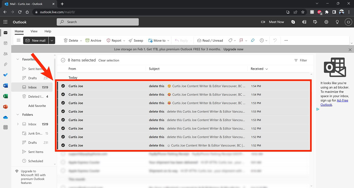 select emails to delete outlook
