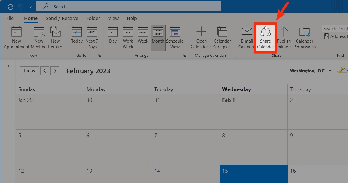 select share calendar outlook desktop app