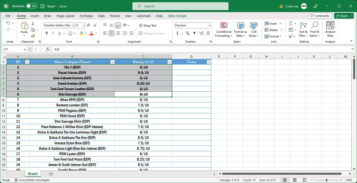 strikethrough multiple excel