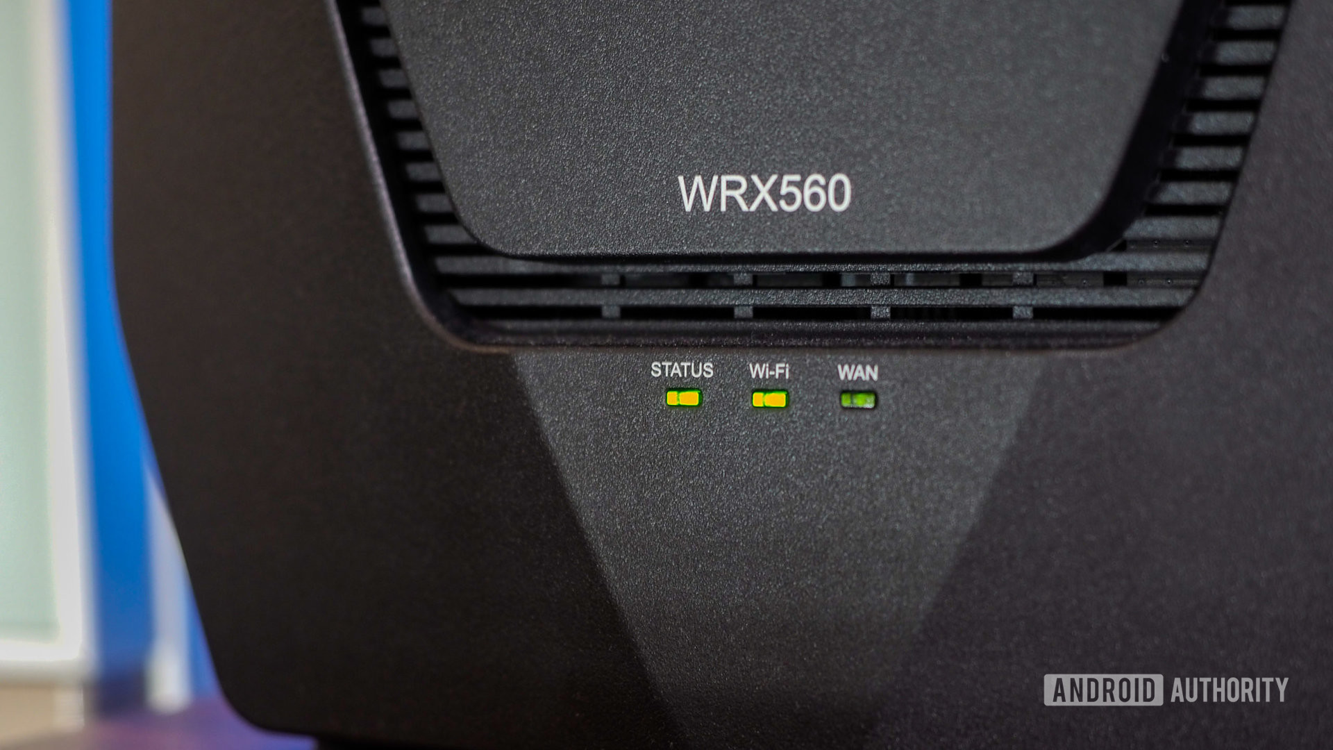 Synology WRX560 router, focus on the front logo and status LED lights