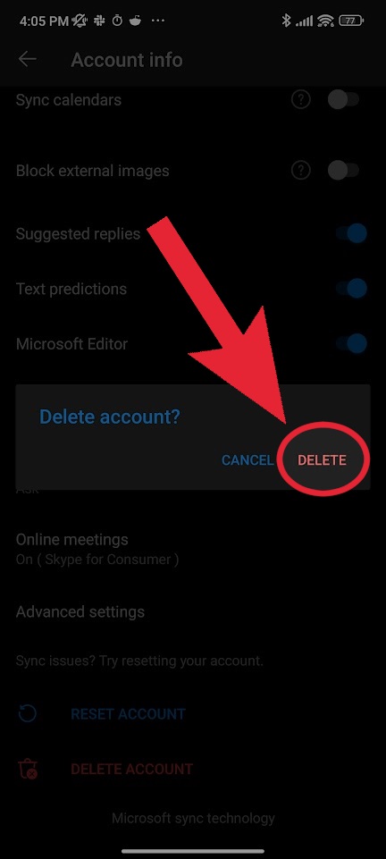 tap delete outlook email app