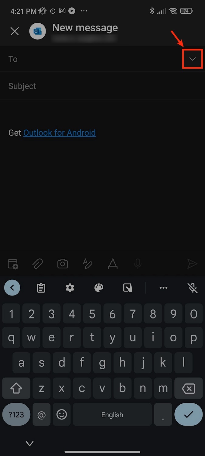 tap down arrow at the top outlook mobile