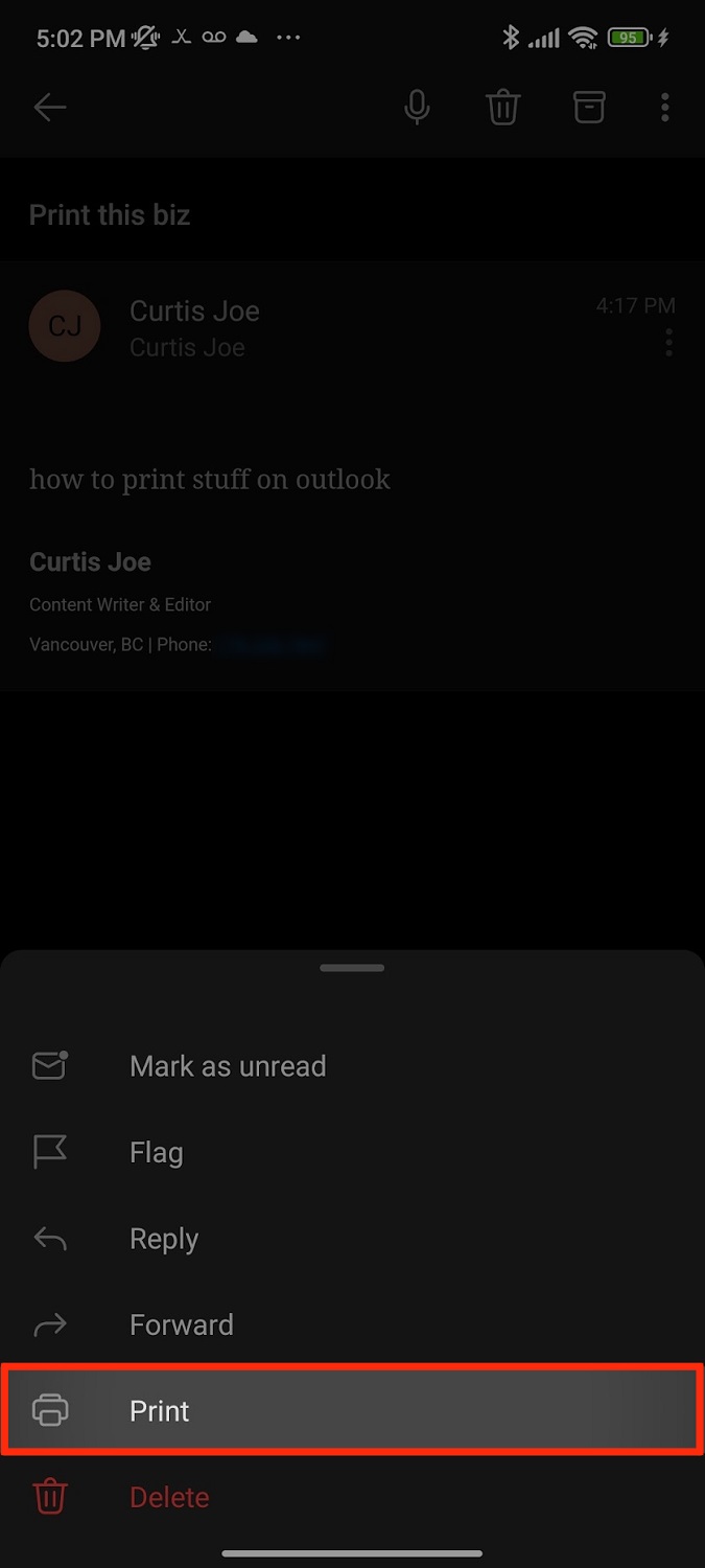 tap print from next options android outlook