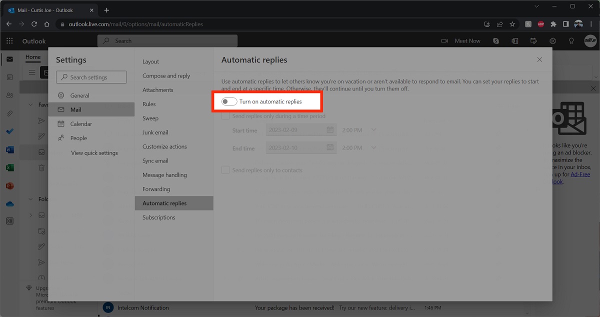 turn on automatic replies outlook website