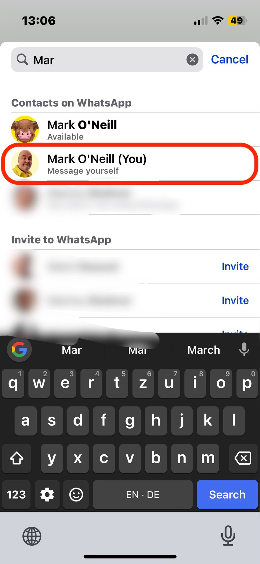 whatsapp message yourself search